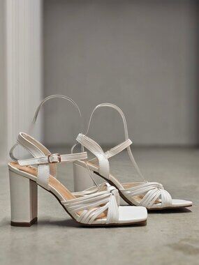 Strappy White Block Heel Sandals With Adjustable Ankle Strap & Knot Detail For W